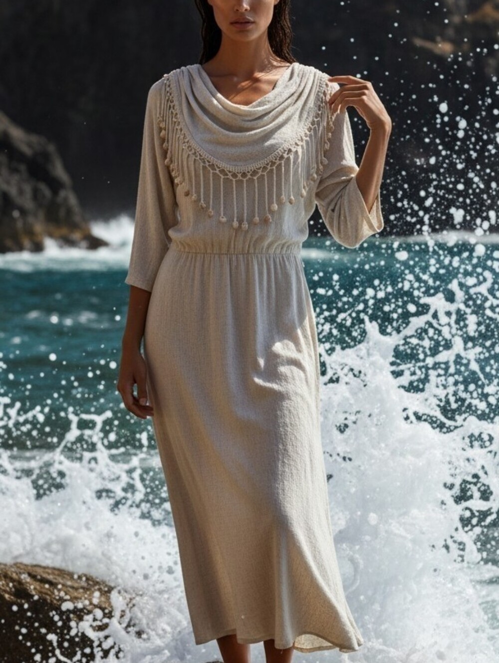 Rare Vtg 80's Seashell Fringe Beige Linen Blend Draped Jazz II Maxi Dress